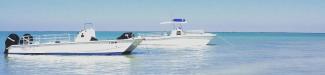 Two white boats float on calm, turquoise water under a clear blue sky.