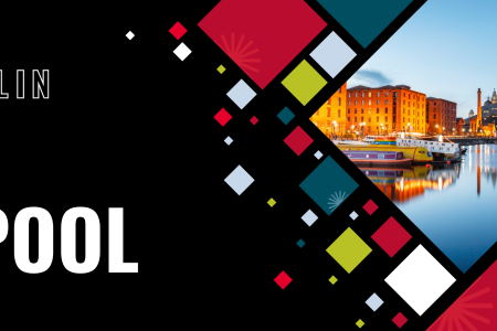 Franklin Biology Liverpool banner with a geometric design. Includes photos of Liverpool's Albert Dock and a red brick clock tower.